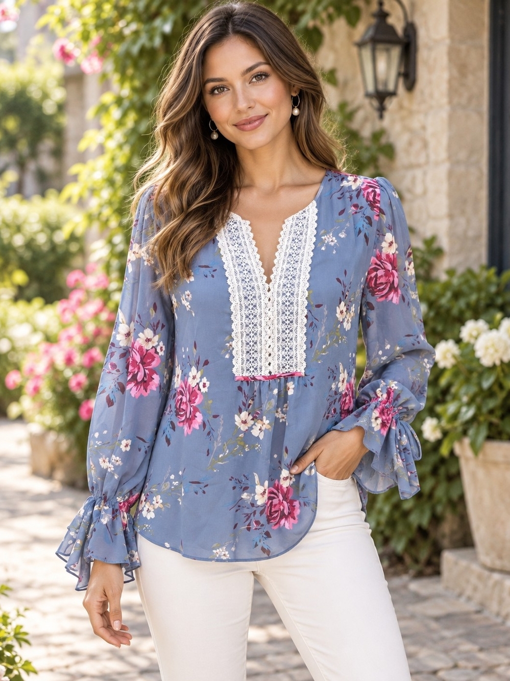White House Black Market Blue Floral Lace Trim Blouse Size 4 Boho Romantic